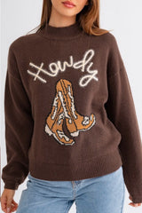 Coffee Western Howdy Boot Graphic High Neck Sweater Sweaters JT's Designer Fashion
