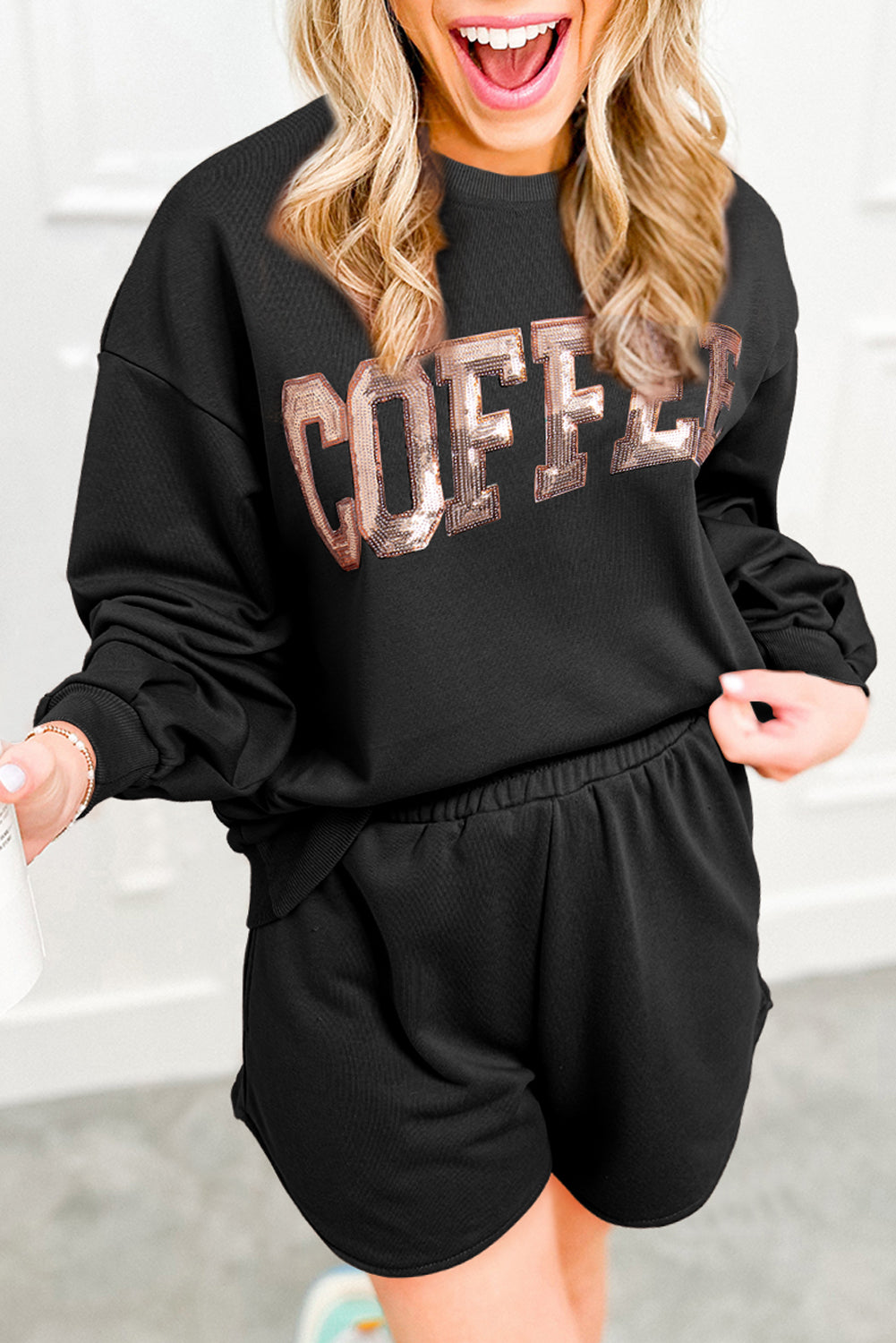 Black Sequined COFFEE Loose Fit Sweatshirt and Shorts Set Black 65%Polyester+35%Cotton Short Sets JT's Designer Fashion