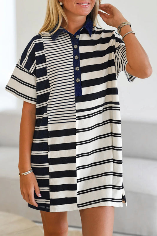 Black Stripe Half Placket Polo T Shirt Dress Black Stripe 95%Cotton+5%Elastane T Shirt Dresses JT's Designer Fashion