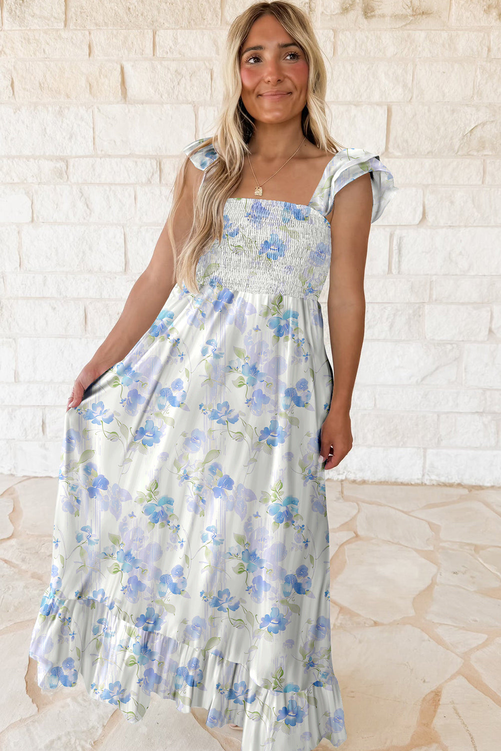 Sky Blue Floral Smocked High Waist Double Ruffle Sleeveless Long Dress Maxi Dresses JT's Designer Fashion