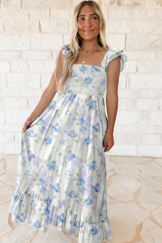 Sky Blue Floral Smocked High Waist Double Ruffle Sleeveless Long Dress Maxi Dresses JT's Designer Fashion