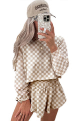 Khaki Checkered Long Sleeve Crop Top High Waist Skort 2pcs Set Short Sets JT's Designer Fashion
