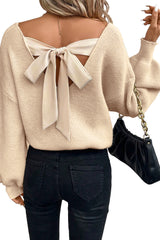 Apricot Lantern Sleeve V Neck Knot Back Sweater Sweaters JT's Designer Fashion