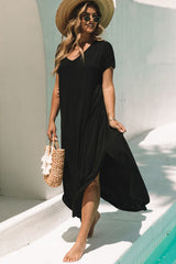 Black V Neck Hidden Pocket Splits Maxi T-shirt Dress T Shirt Dresses JT's Designer Fashion