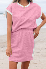 Pink Contrast Trim Textured Crewneck Tee and Pocketed Skirt Set Two Piece Dresses JT's Designer Fashion
