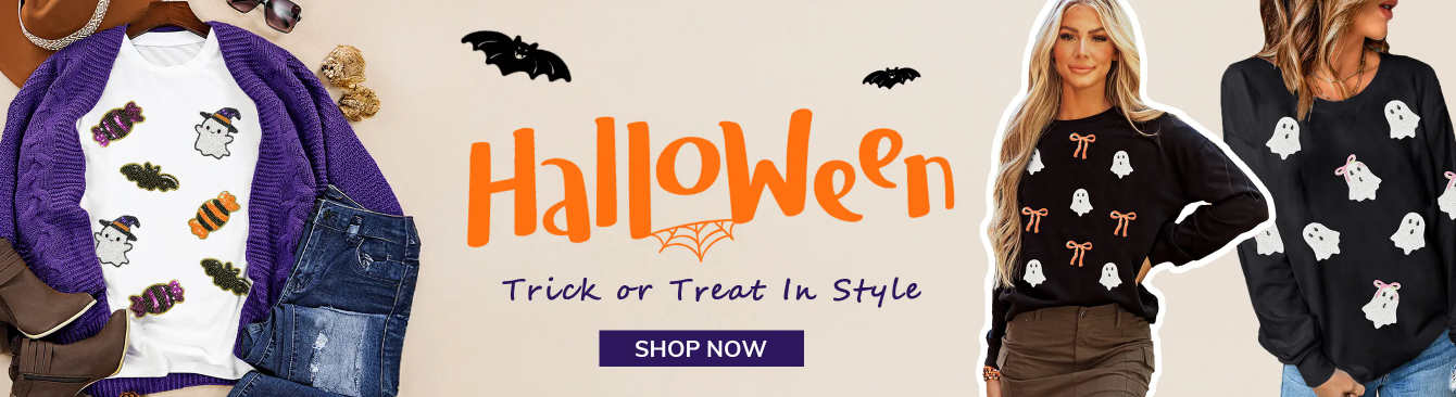 Halloween-themed clothing with pumpkins and ghosts, promotional text 'Trick or Treat in Style' and 'Shop Now'.  Halloween dresses, sweatshirts, tees, jewelry and graphic jeans on sale now at @ JT's Designer Fashion