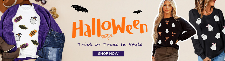 Halloween-themed clothing with pumpkins and ghosts, promotional text 'Trick or Treat in Style' and 'Shop Now'.  Halloween dresses, sweatshirts, tees, jewelry and graphic jeans on sale now at @ JT's Designer Fashion