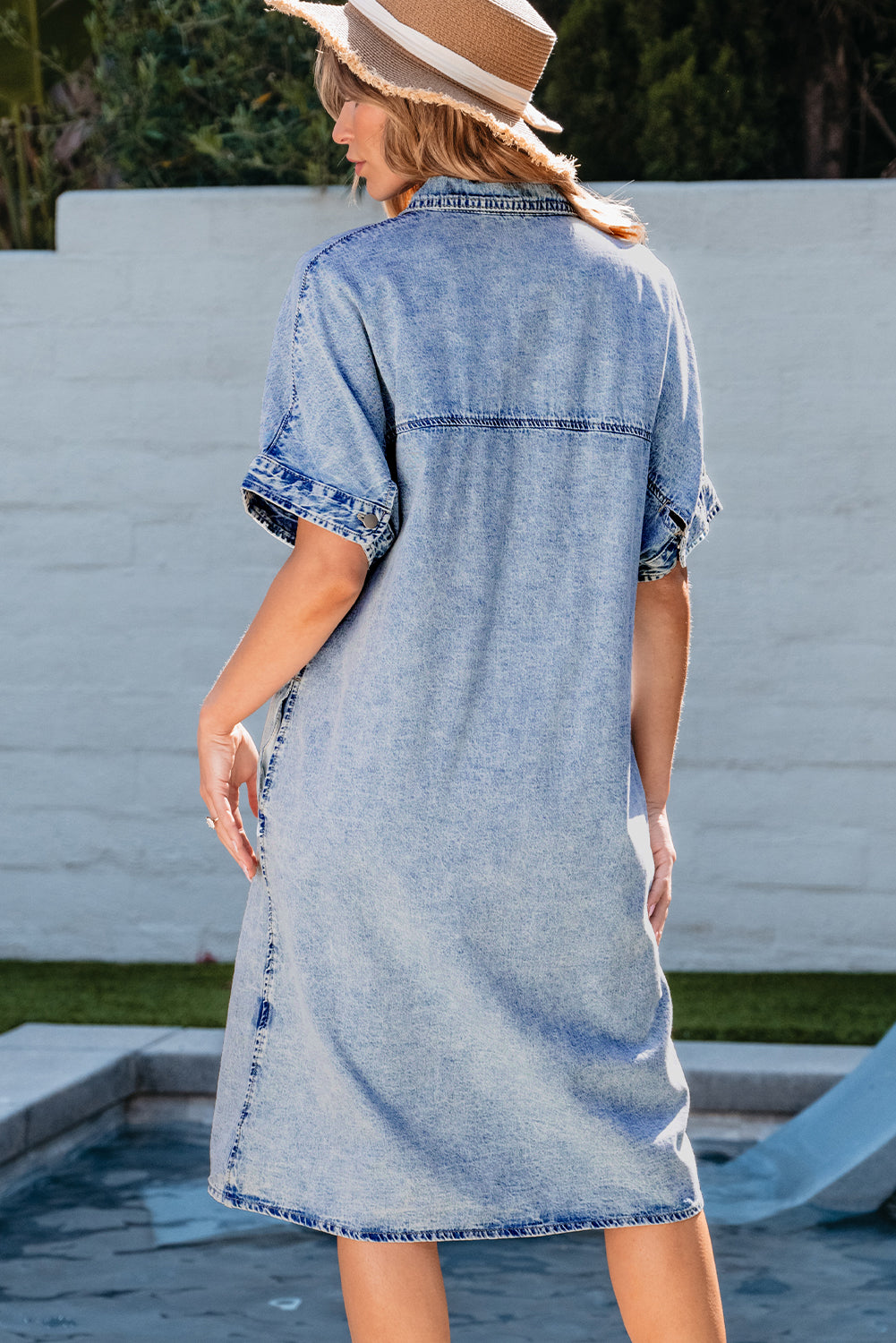 Light Blue Loose Medium Wash Short Sleeve Shirt Chambray Dress Dresses JT's Designer Fashion