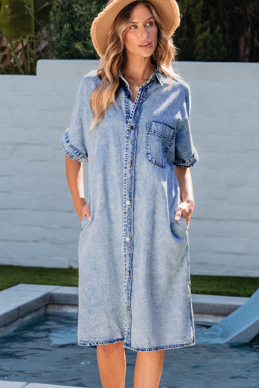 Light Blue Loose Medium Wash Short Sleeve Shirt Chambray Dress Dresses JT's Designer Fashion