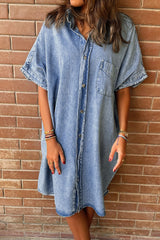 Light Blue Loose Medium Wash Short Sleeve Shirt Chambray Dress Dresses JT's Designer Fashion