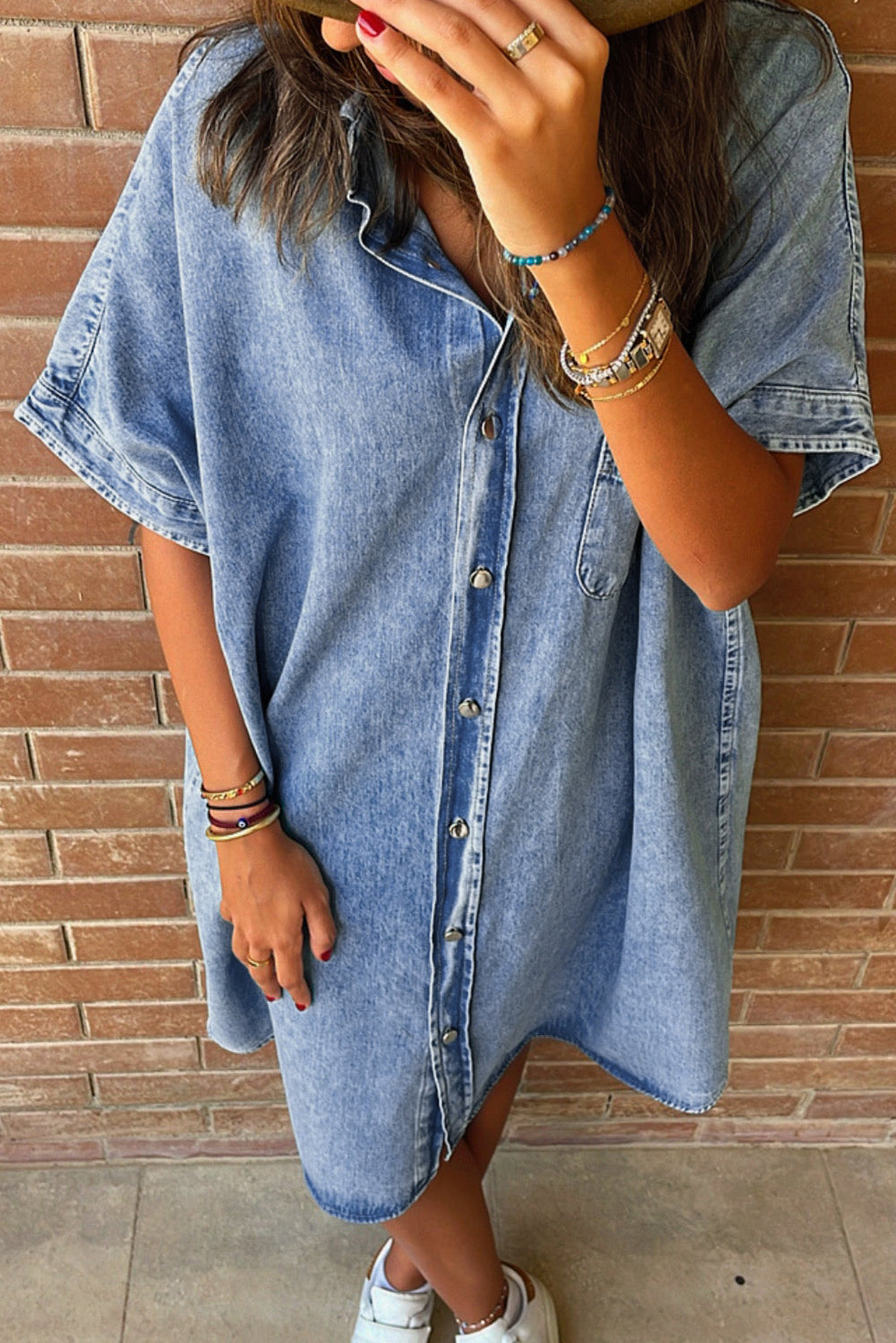 Light Blue Loose Medium Wash Short Sleeve Shirt Chambray Dress Dresses JT's Designer Fashion