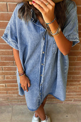 Light Blue Loose Medium Wash Short Sleeve Shirt Chambray Dress Dresses JT's Designer Fashion