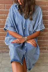 Light Blue Loose Medium Wash Short Sleeve Shirt Chambray Dress Dresses JT's Designer Fashion