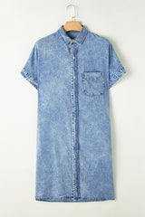 Light Blue Loose Medium Wash Short Sleeve Shirt Chambray Dress Dresses JT's Designer Fashion