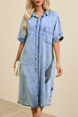 Light Blue Loose Medium Wash Short Sleeve Shirt Chambray Dress Dresses JT's Designer Fashion