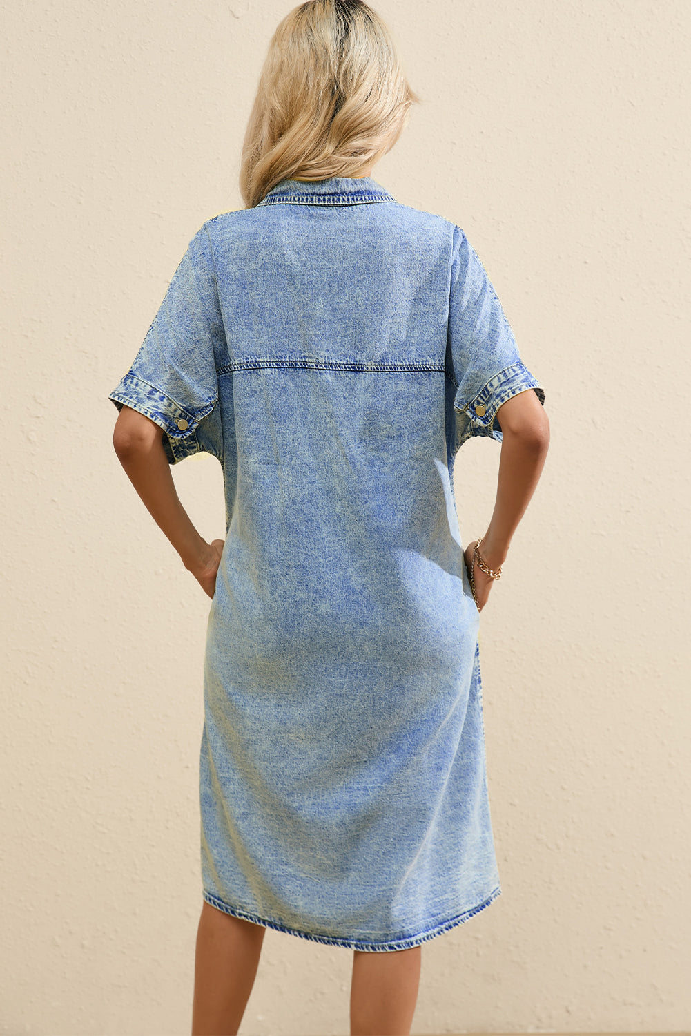 Light Blue Loose Medium Wash Short Sleeve Shirt Chambray Dress Dresses JT's Designer Fashion