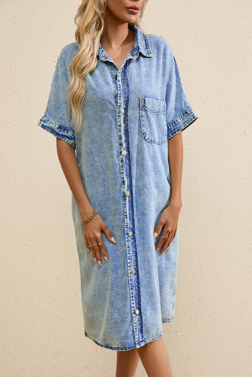 Light Blue Loose Medium Wash Short Sleeve Shirt Chambray Dress Dresses JT's Designer Fashion