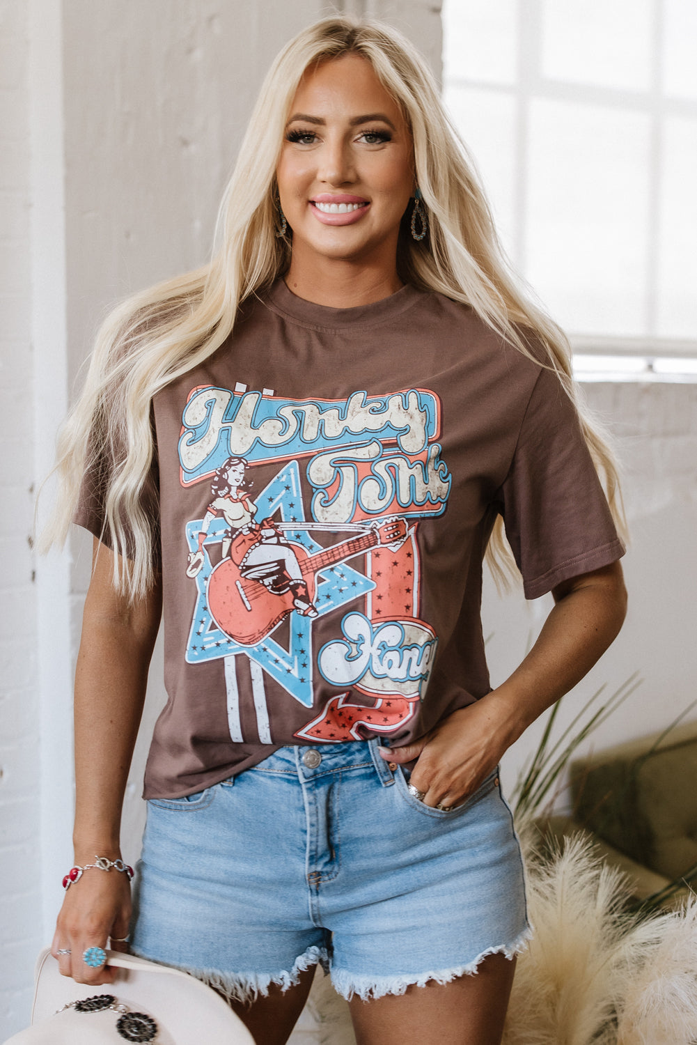 Chicory Coffee Honky Tonk Honey Graphic Crew Neck Western Fashion Tee Graphic Tees JT's Designer Fashion