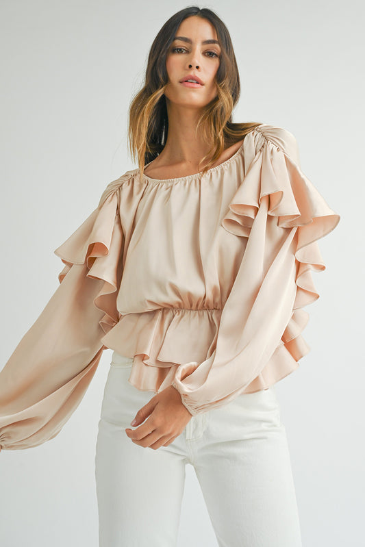 Oatmeal Lace-up Keyhole Back Ruffled Peplum Blouse Blouses & Shirts JT's Designer Fashion