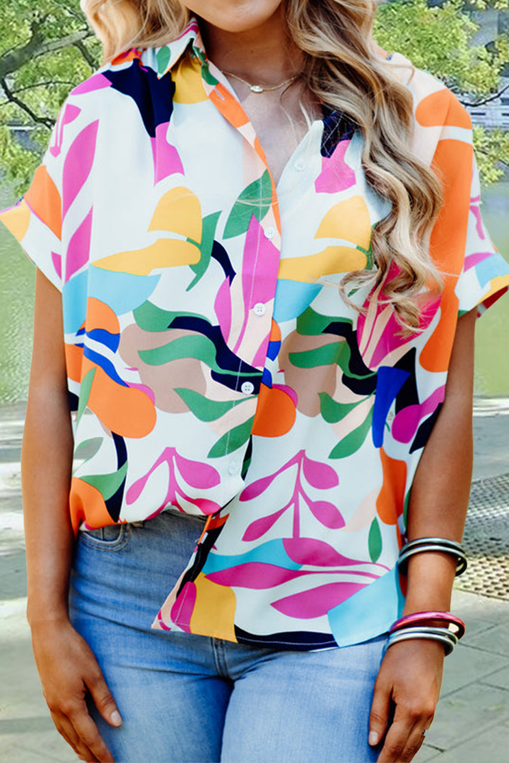 Printed Collared Neck Short Sleeve Shirt Blouses & Shirts JT's Designer Fashion
