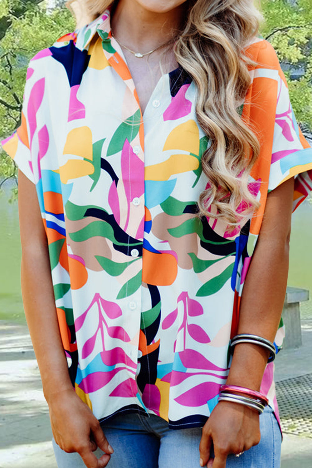 Printed Collared Neck Short Sleeve Shirt Blouses & Shirts JT's Designer Fashion