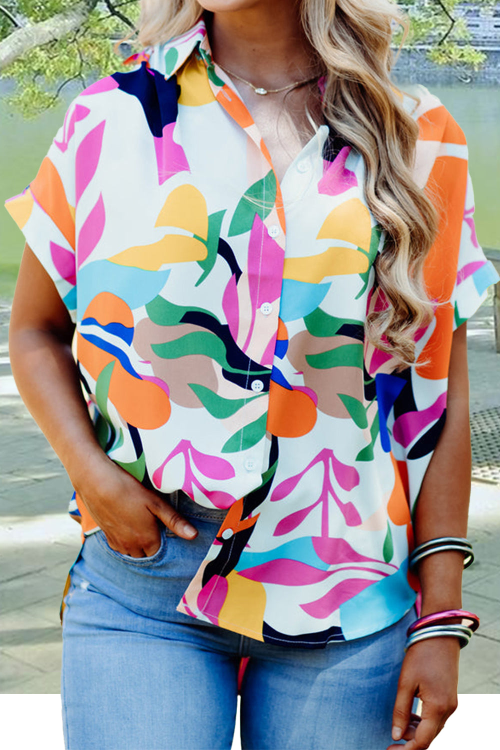 Printed Collared Neck Short Sleeve Shirt Floral Blouses & Shirts JT's Designer Fashion