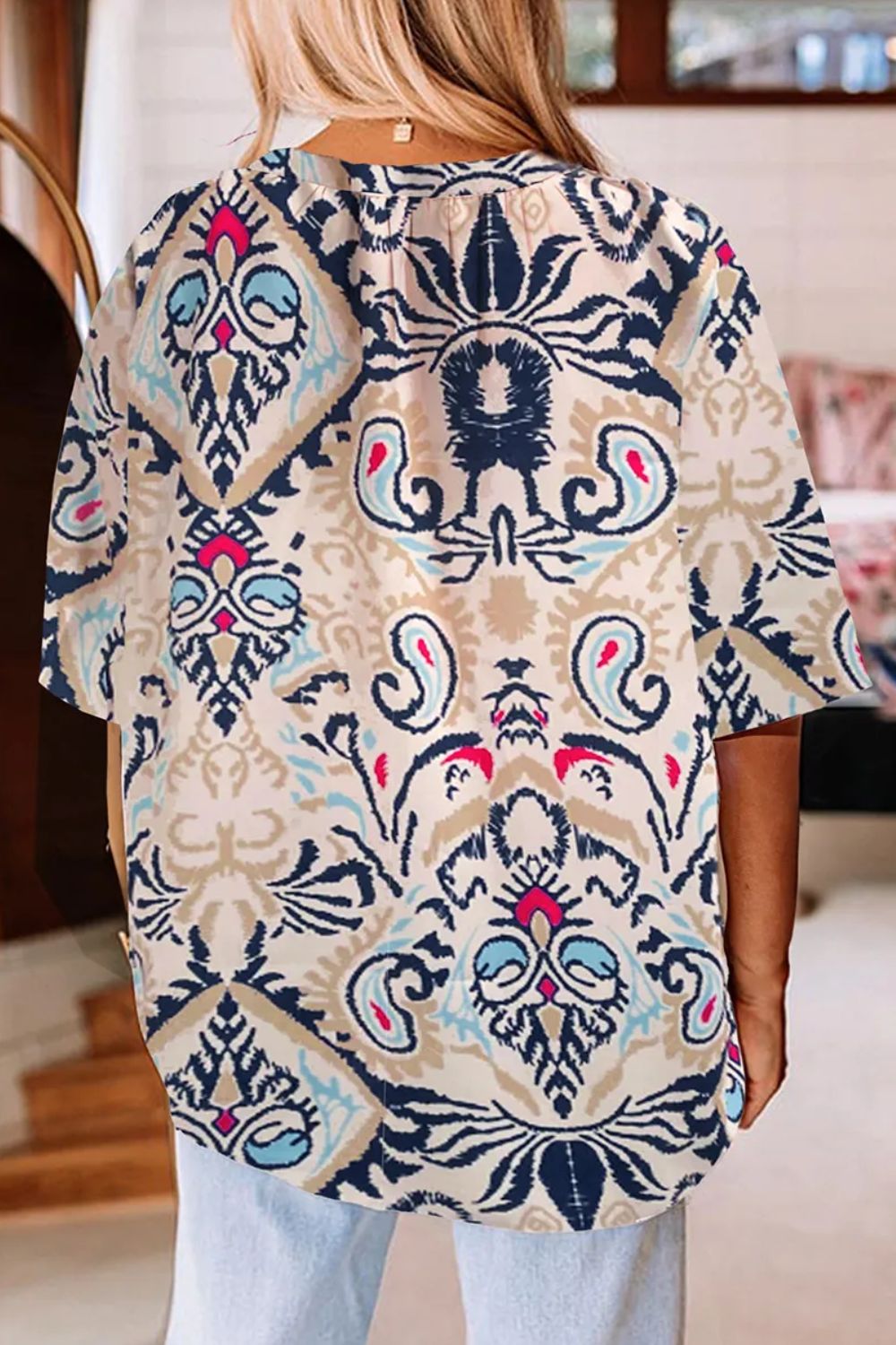Printed Notched Half Sleeve Blouse Blouses & Shirts JT's Designer Fashion