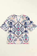 Printed Notched Half Sleeve Blouse Blouses & Shirts JT's Designer Fashion