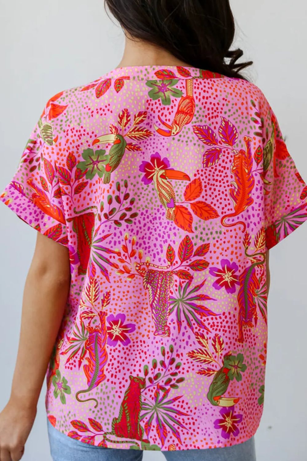 Printed Notched Short Sleeve Top Blouses & Shirts JT's Designer Fashion
