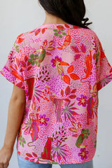 Printed Notched Short Sleeve Top Blouses & Shirts JT's Designer Fashion