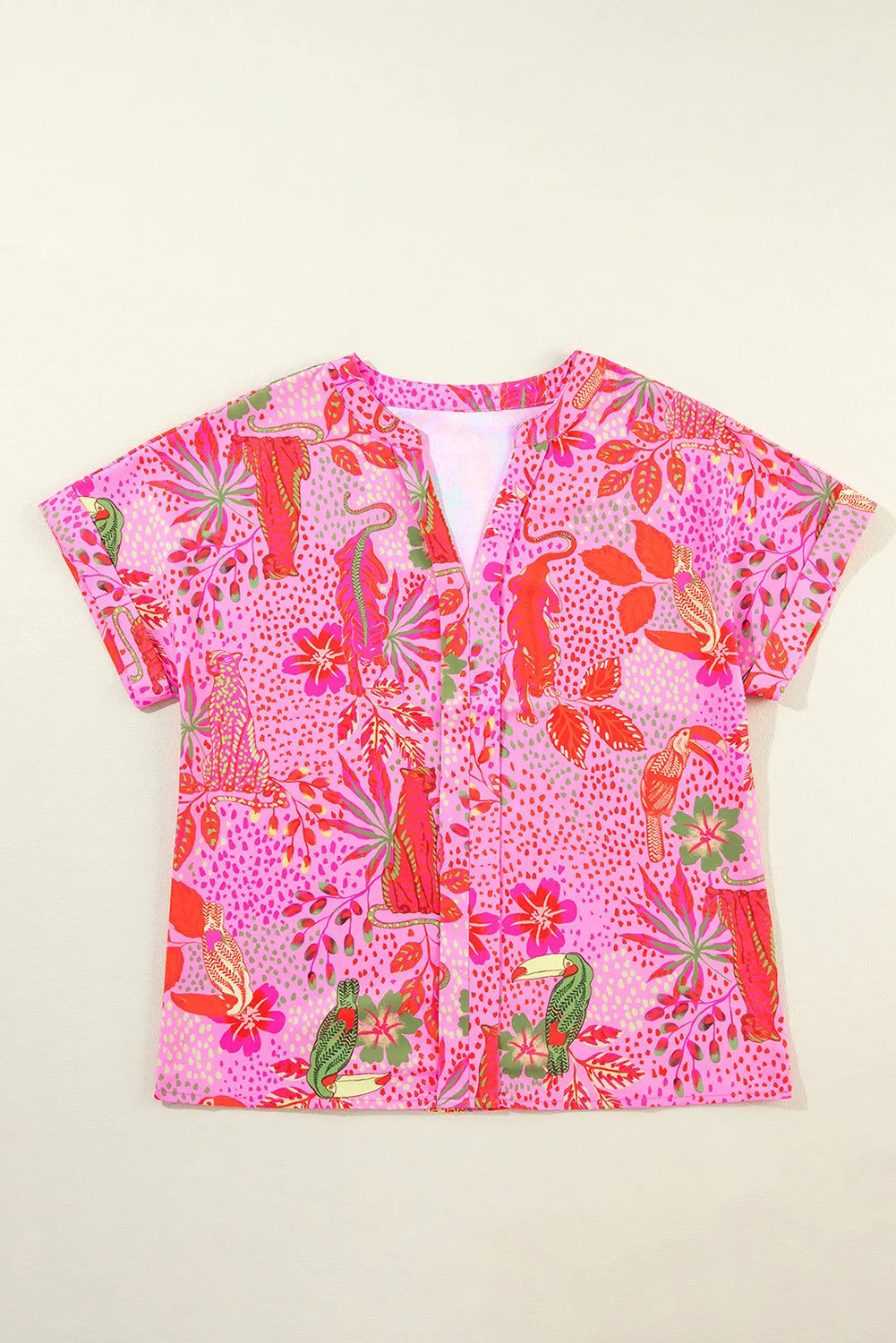 Printed Notched Short Sleeve Top Blouses & Shirts JT's Designer Fashion