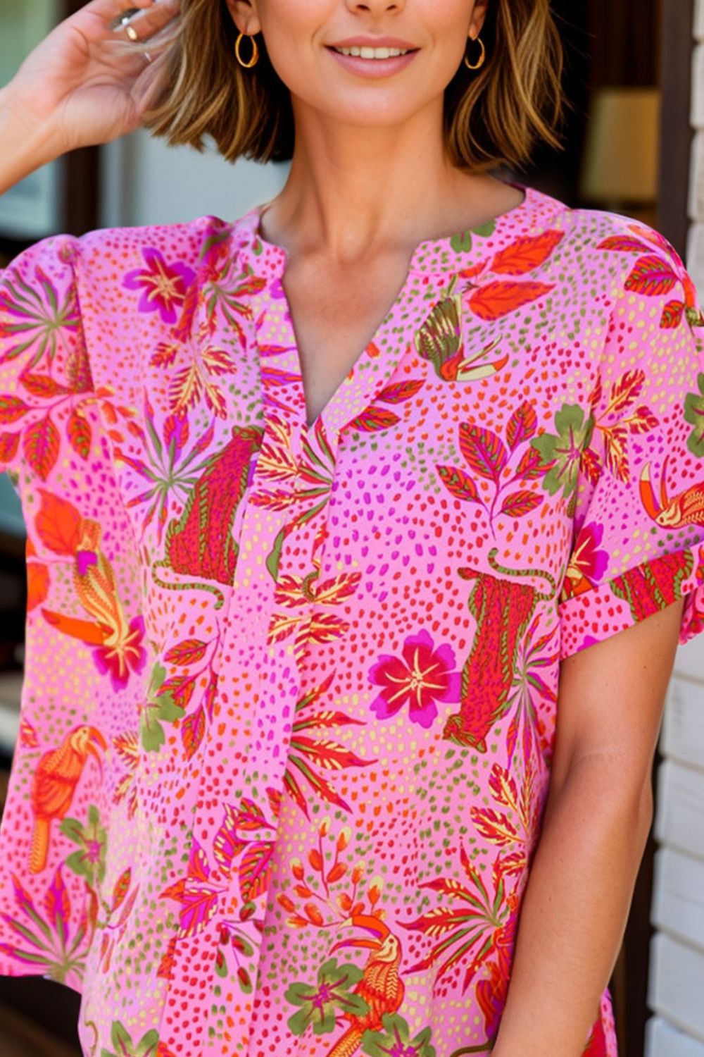 Printed Notched Short Sleeve Top Fuchsia Pink Blouses & Shirts JT's Designer Fashion