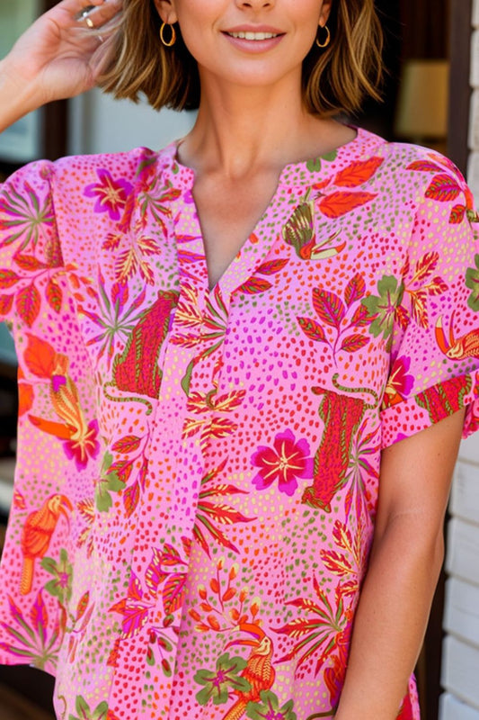 Printed Notched Short Sleeve Top Fuchsia Pink Blouses & Shirts JT's Designer Fashion