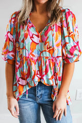 Printed Tie Neck Half Sleeve Blouse Turquoise Blouses & Shirts JT's Designer Fashion