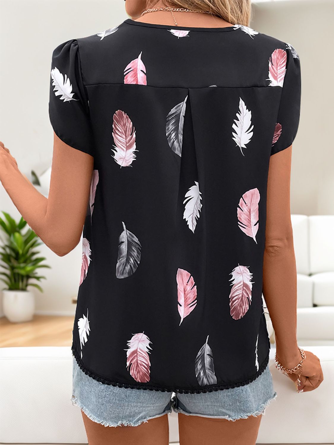 Printed V-Neck Short Sleeve Blouse Blouses & Shirts JT's Designer Fashion