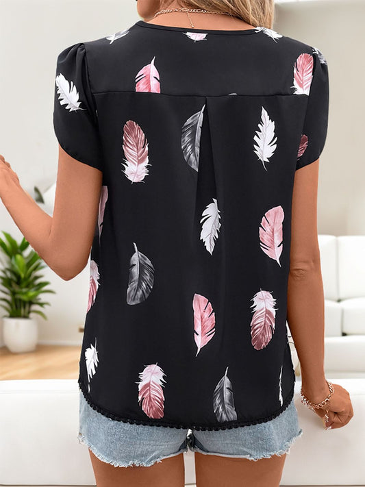 Printed V-Neck Short Sleeve Blouse Blouses & Shirts JT's Designer Fashion