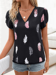 Printed V-Neck Short Sleeve Blouse Blouses & Shirts JT's Designer Fashion