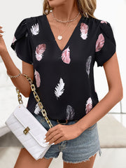 Printed V-Neck Short Sleeve Blouse Blouses & Shirts JT's Designer Fashion