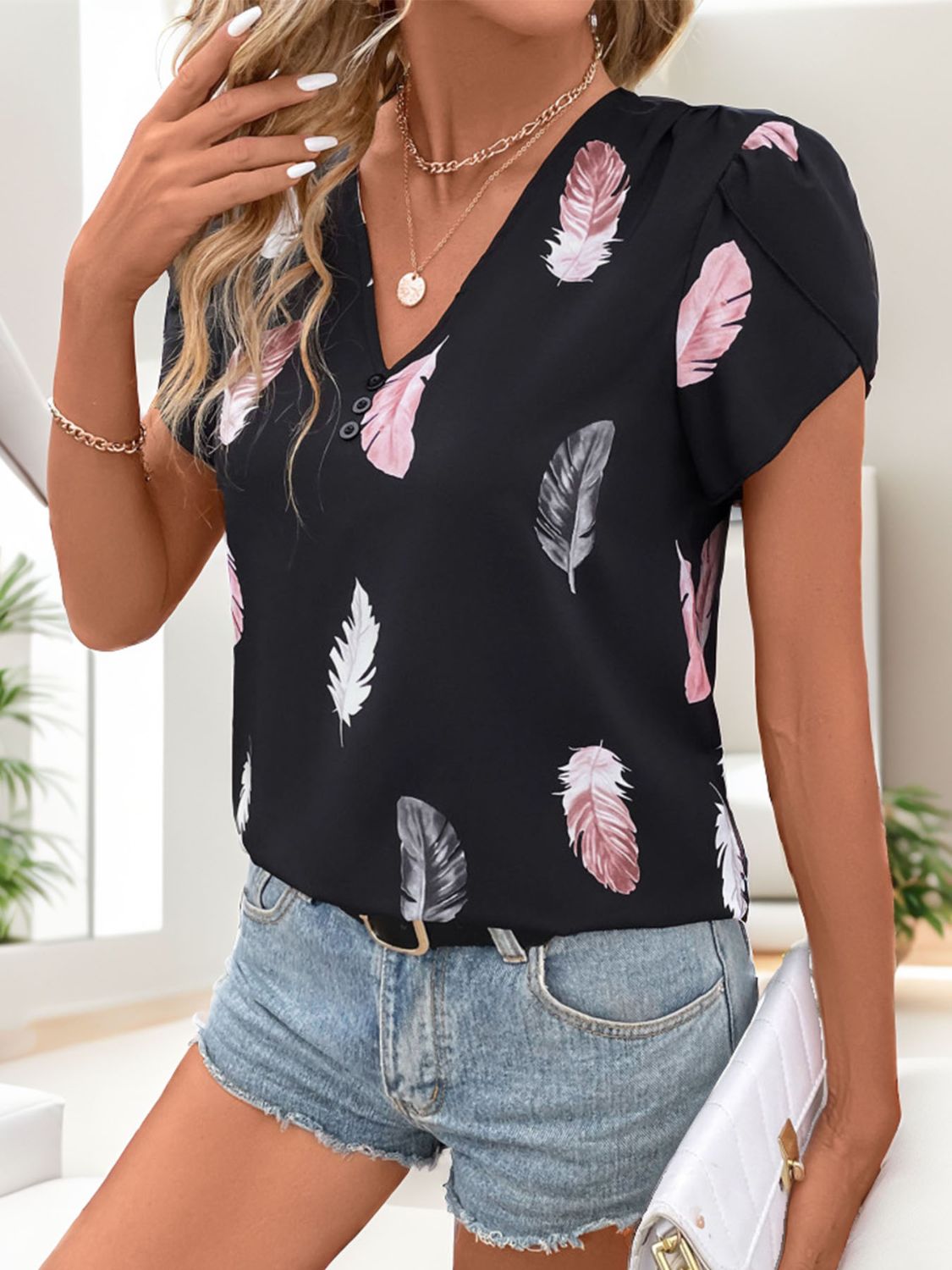 Printed V-Neck Short Sleeve Blouse Blouses & Shirts JT's Designer Fashion