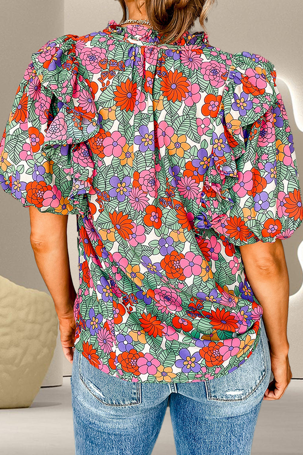 Ruffled Printed Tie Neck Short Sleeve Blouse Blouses & Shirts JT's Designer Fashion