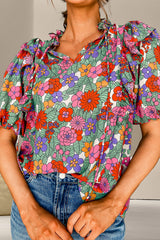 Ruffled Printed Tie Neck Short Sleeve Blouse Floral Blouses & Shirts JT's Designer Fashion