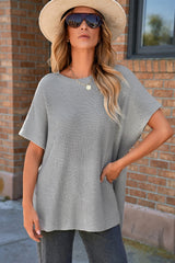 Slit Round Neck Short Sleeve Knit Top Blouses & Shirts JT's Designer Fashion