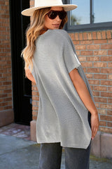 Slit Round Neck Short Sleeve Knit Top Blouses & Shirts JT's Designer Fashion