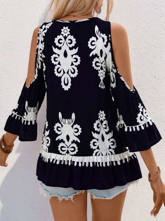 Tassel Printed Tie Neck Cold Shoulder Blouse Blouses & Shirts JT's Designer Fashion