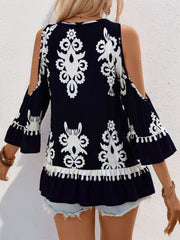 Tassel Printed Tie Neck Cold Shoulder Blouse Blouses & Shirts JT's Designer Fashion