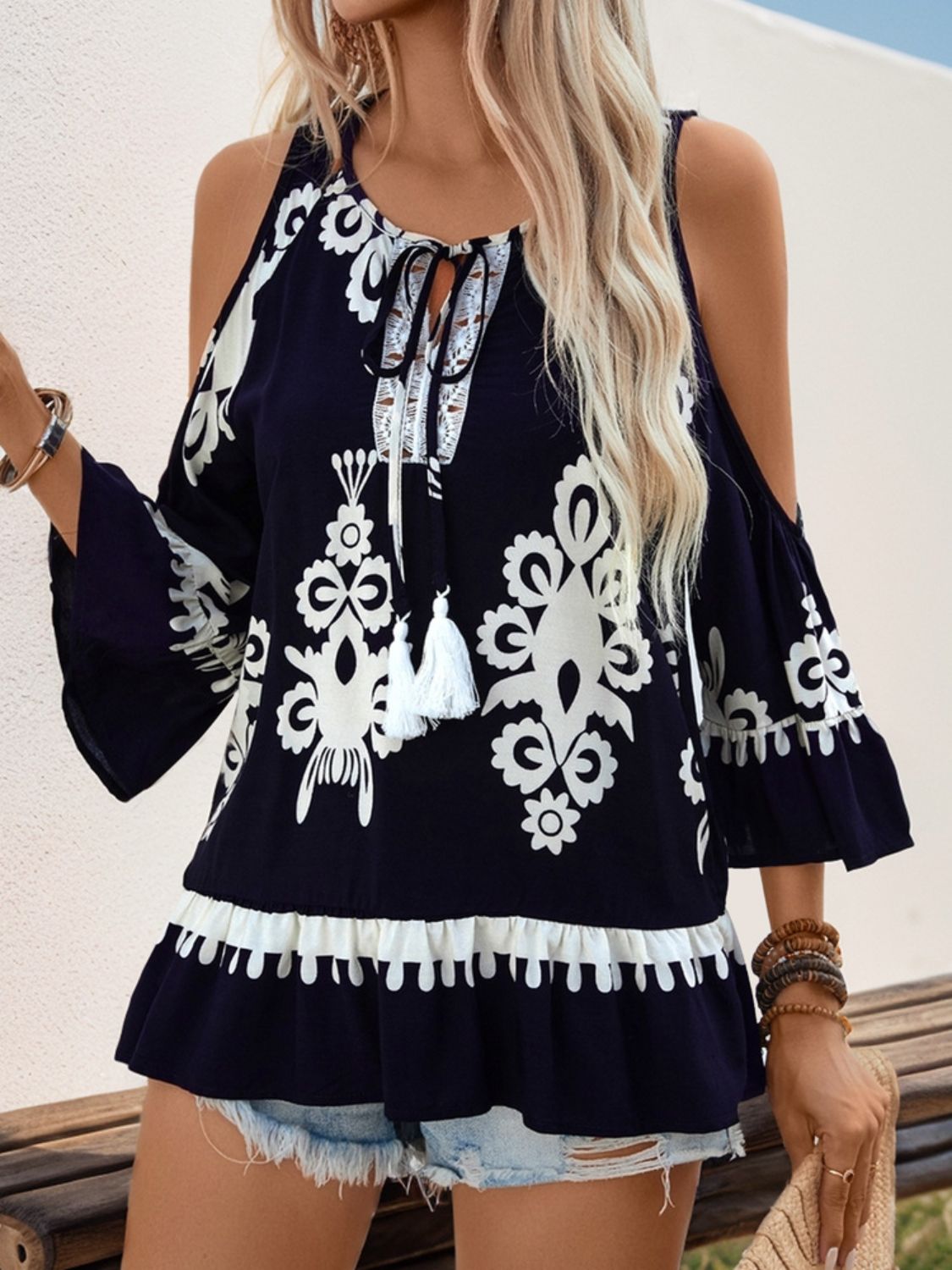 Tassel Printed Tie Neck Cold Shoulder Blouse Blouses & Shirts JT's Designer Fashion