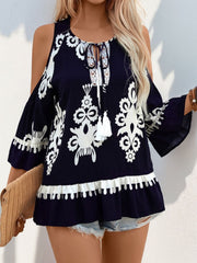 Tassel Printed Tie Neck Cold Shoulder Blouse Blouses & Shirts JT's Designer Fashion