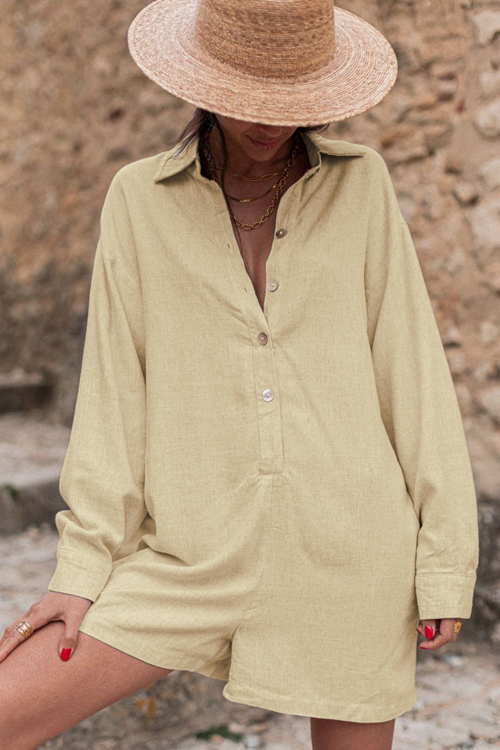 Half Button Shirt Collar Long Sleeve Loose Romper Jumpsuits & Rompers JT's Designer Fashion