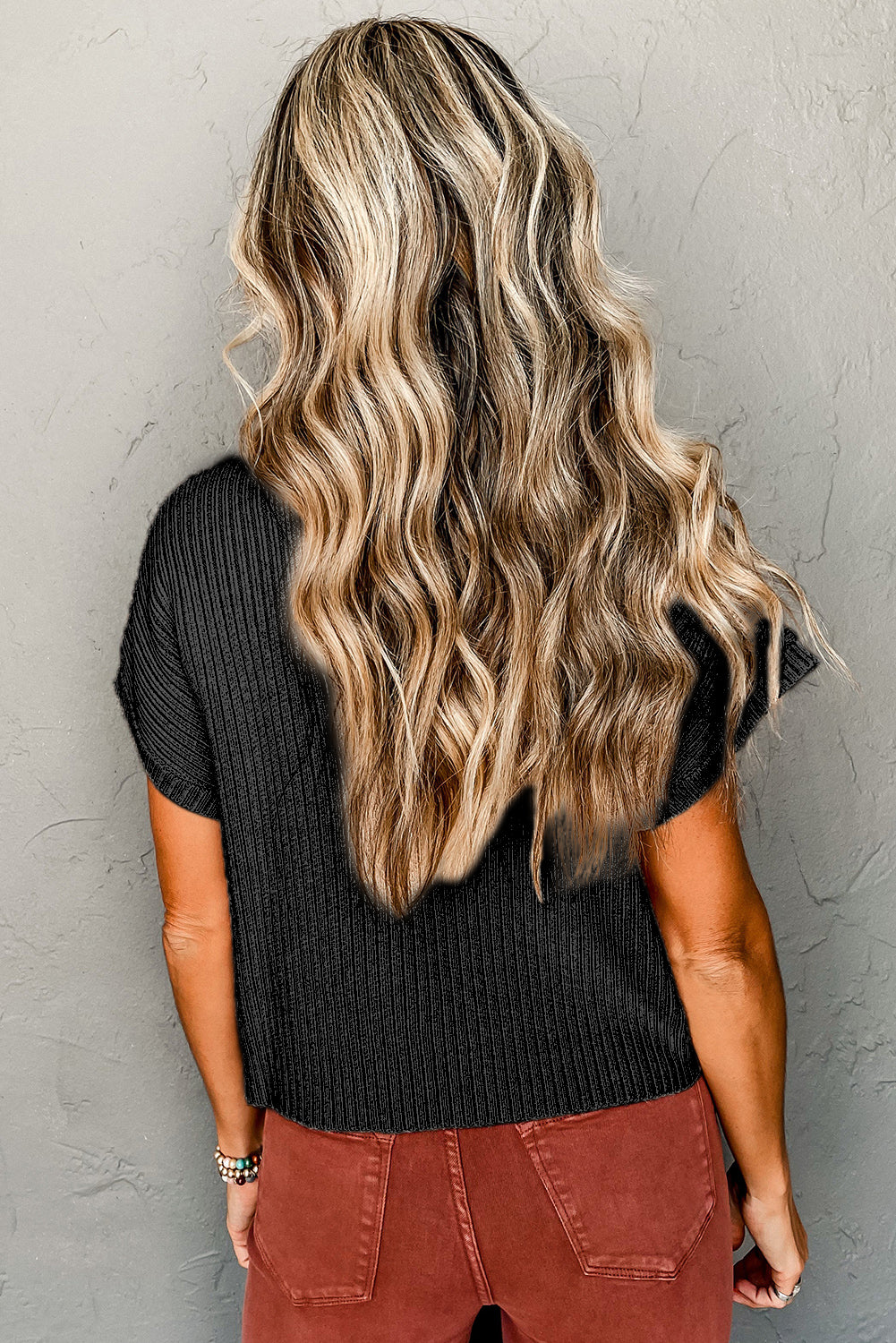 Black Patch Pocket Ribbed Knit Short Sleeve Sweater Sweaters & Cardigans JT's Designer Fashion