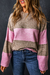 Rose Stripe Crew Neck Wide Sleeve Colorblock Sweater Sweaters & Cardigans JT's Designer Fashion